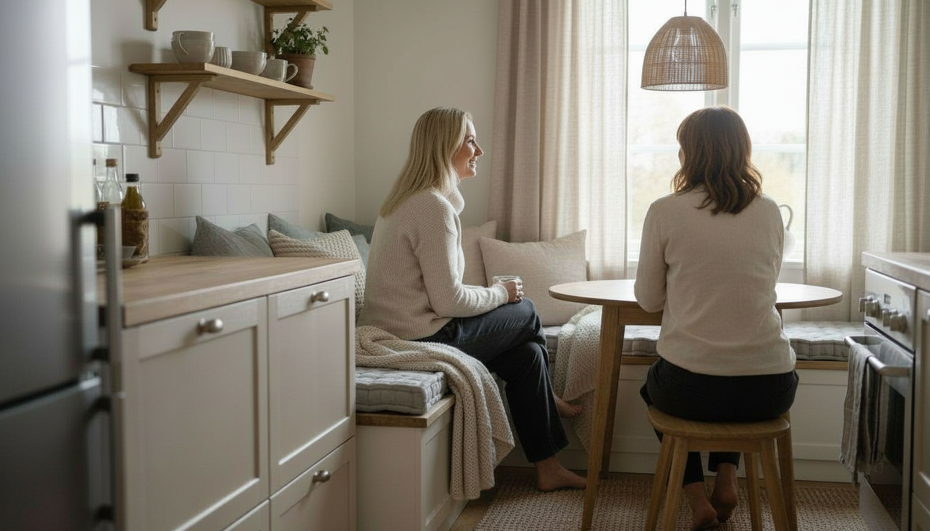 Ystävykset kahvilla keittiön pöydän ääressä.